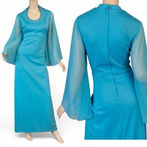Vintage 70s ANGEL SLEEVE TURQUOISE Pearl Rhinestone Maxi Dress